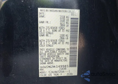 2017 Nissan Murano Sl from USA, damaged, VIN 5N1AZ2MG2HN149985